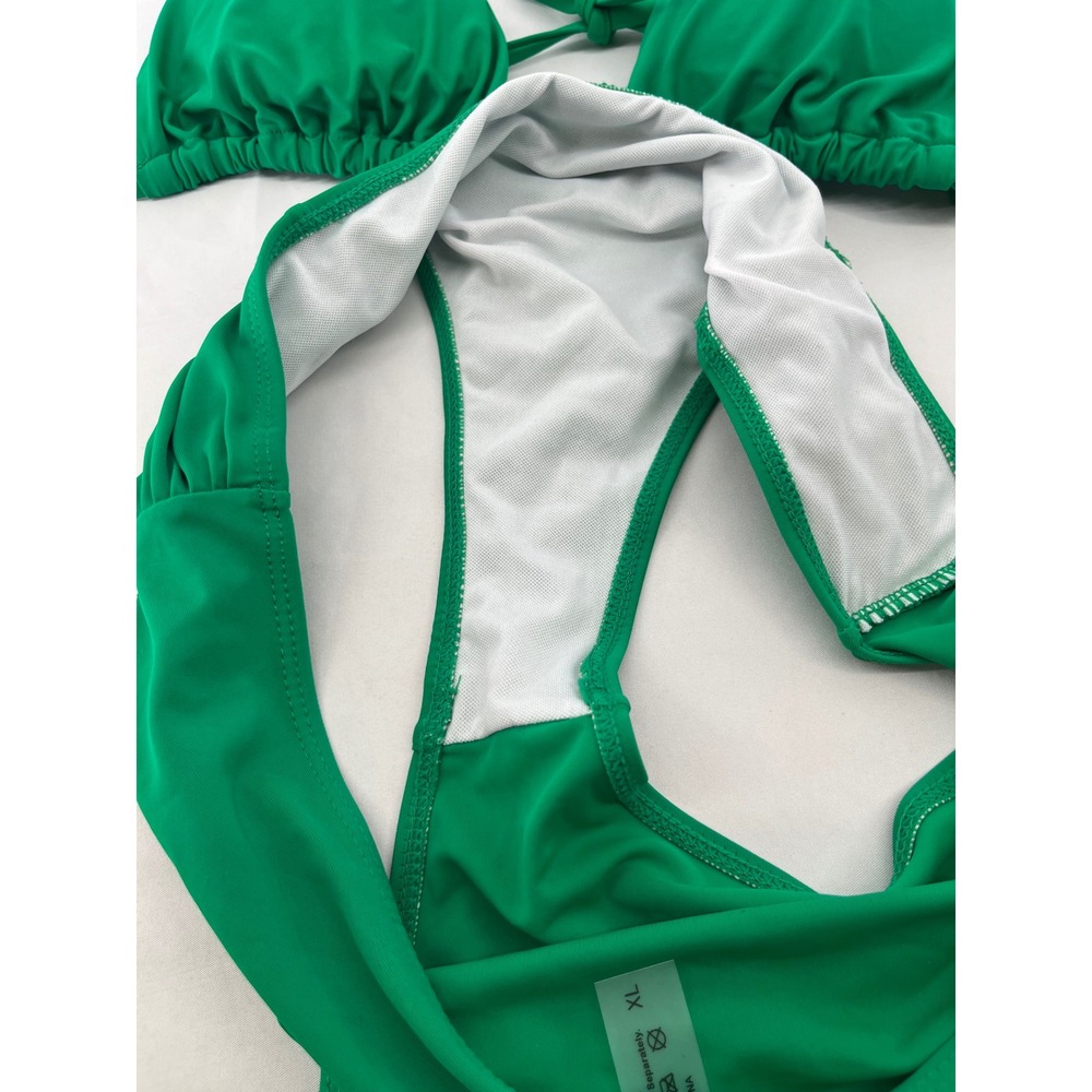 Triangle Halter Bikini Swimsuit Women XL Green Ruched Side Bottom Beachwear Pool - Picture 7 of 10